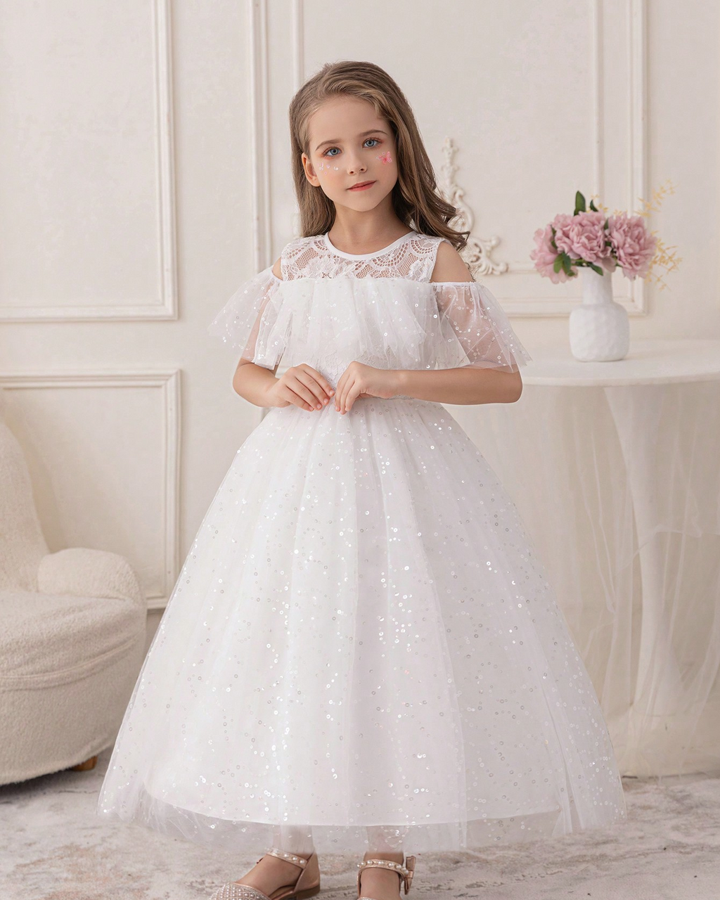 5095 Wholesale Elegant Long White Princess Communion Wedding Graduation Party Gown Dress for Young Little 6 Years Old Kids Girls