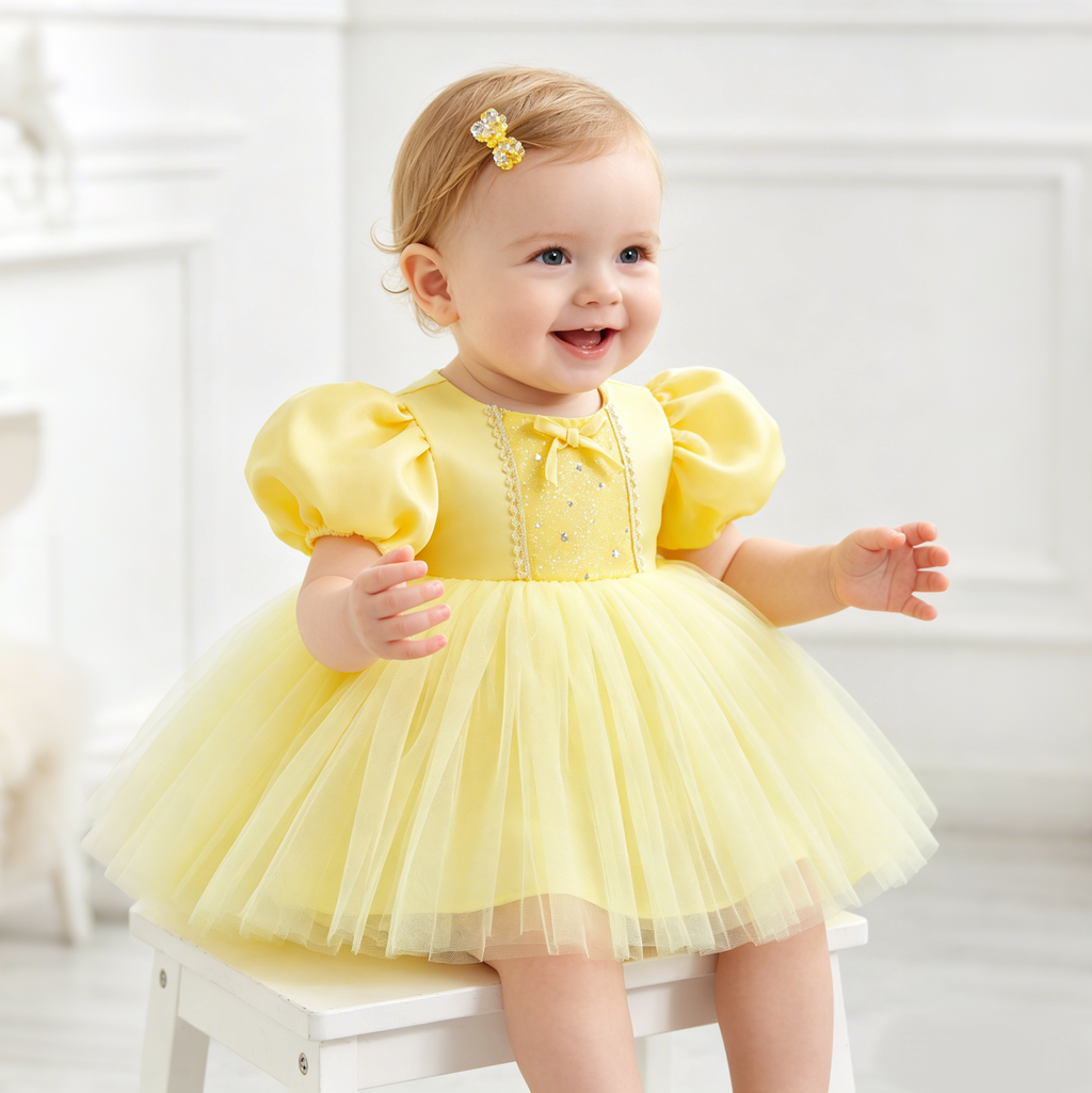 6269 Wholesale Yellow Flower Girl Tutu Princess Dress Newborn Baby Girl 1st Birthday Dress for 2Y Toddler Girls Summer Party Wear