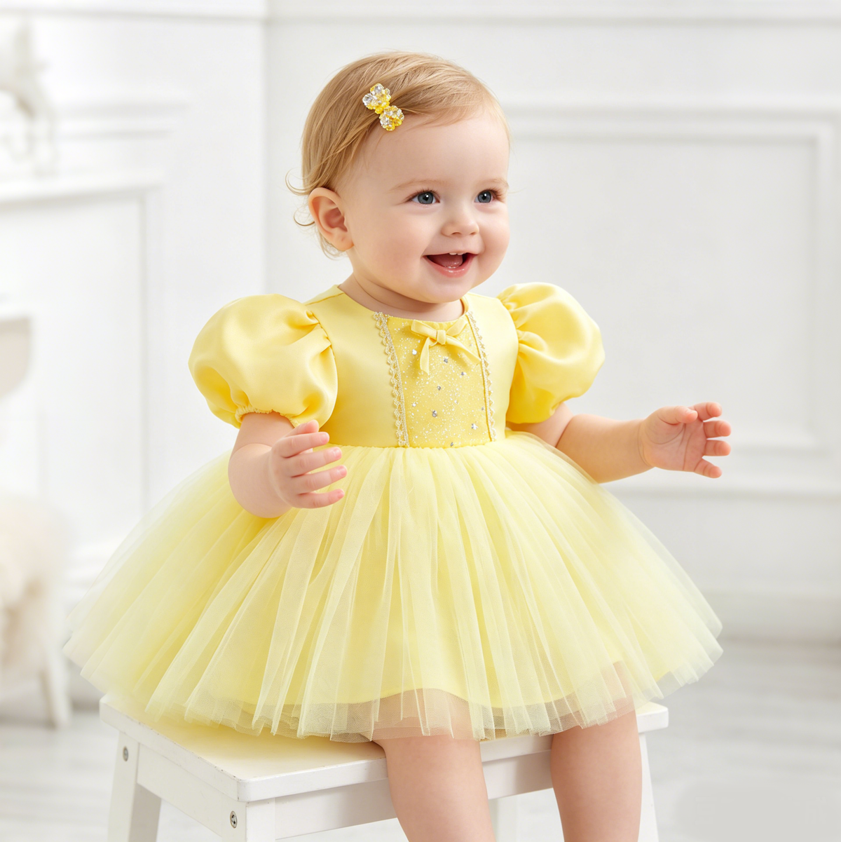 6269 Wholesale Yellow Flower Girl Tutu Princess Dress Newborn Baby Girl 1st Birthday Dress for 2Y Toddler Girls Summer Party Wear