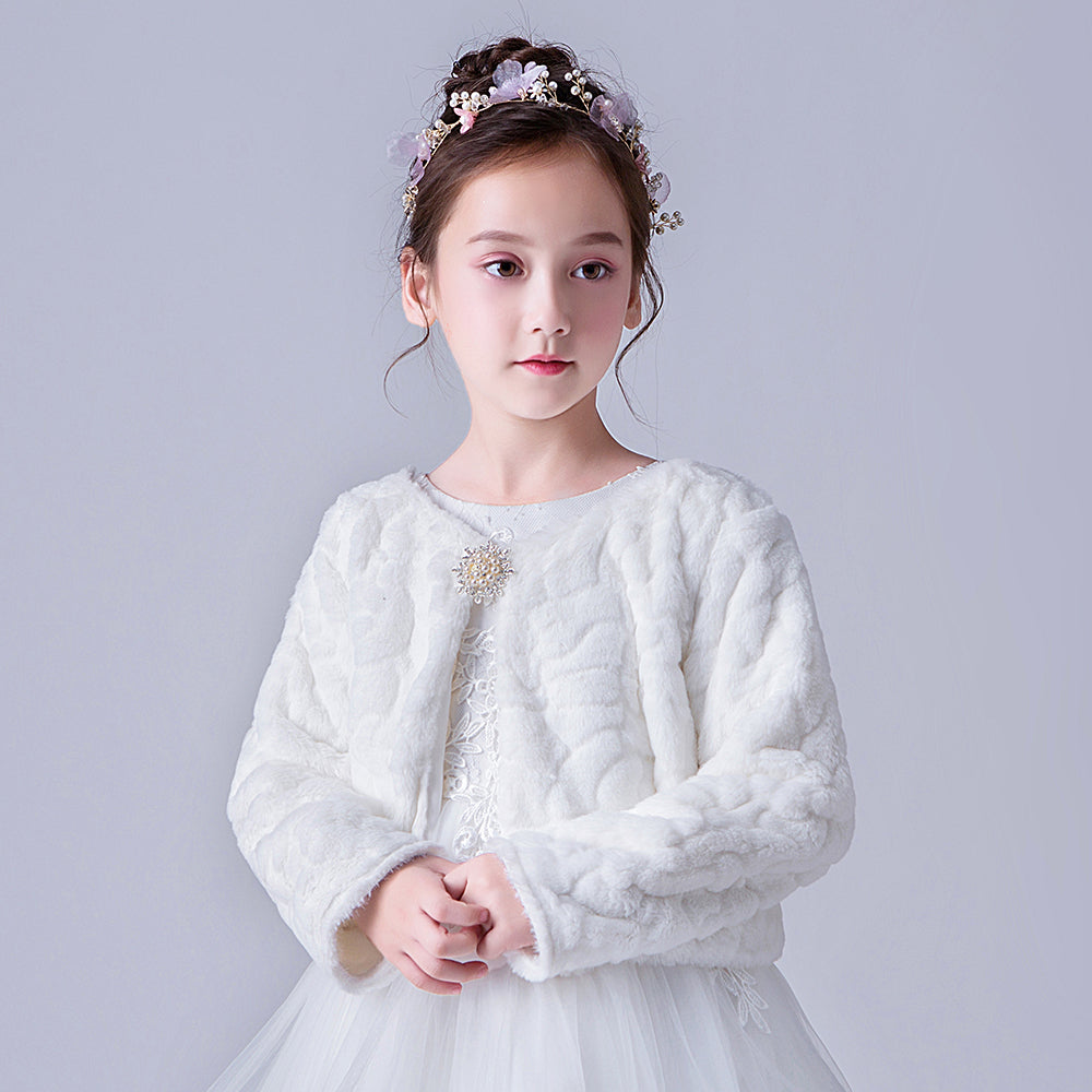 903 Girls Long Sleeve Jacket Autumn Winter Children White Bow Fur Elegant Fashion Baby Girls Formal Soft Party Coat Kids Cape