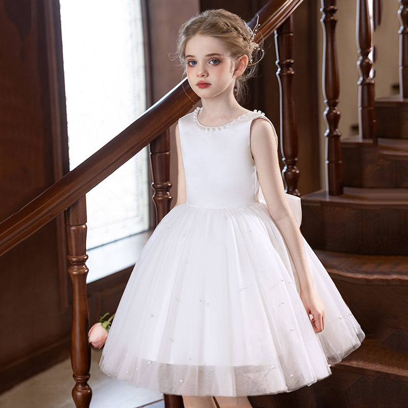 5151 Children Formal Dress Wholesale White Pearl Satin Tulle Backless Short Gown for Wedding Baptism Communion Birthday Party OEM