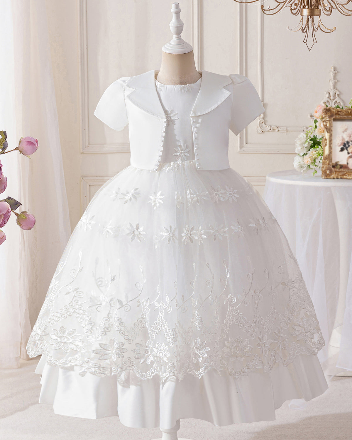 6008 White Wedding Dresses Dress Set, Lace Gauze Skirt Short Sleeved Girls Summer Dress