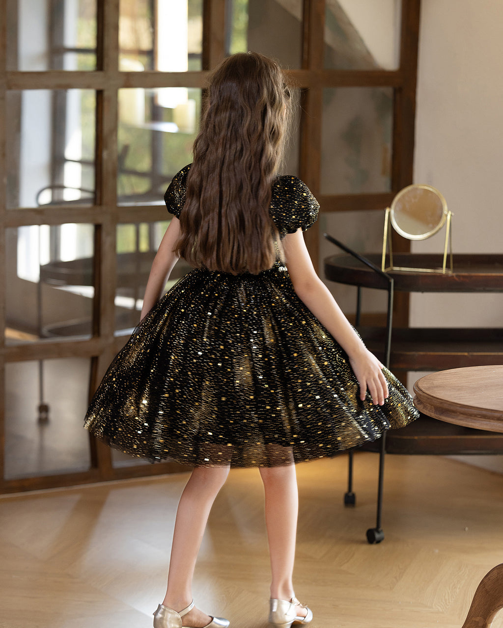 5211 Children Dress Designs Princess Sequin Lace Floral Dresses for Kids Black Party Costume Formal Prom Gown