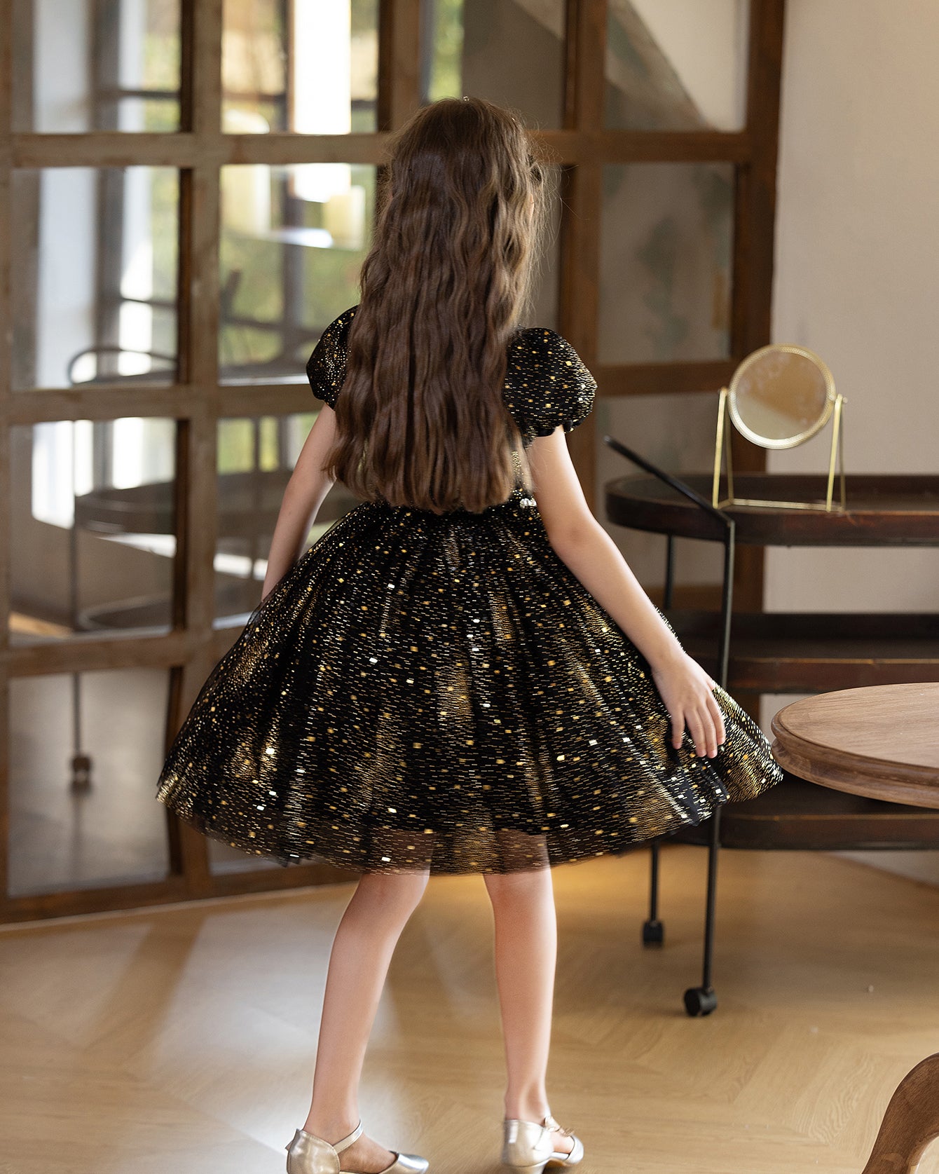 5211 Children Dress Designs Princess Sequin Lace Floral Dresses for Kids Black Party Costume Formal Prom Gown