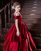 5219 European Style Princess Dress for Girl Elegant Red Birthday Party Frocks Fluffy Flower Girl Wedding Dresses