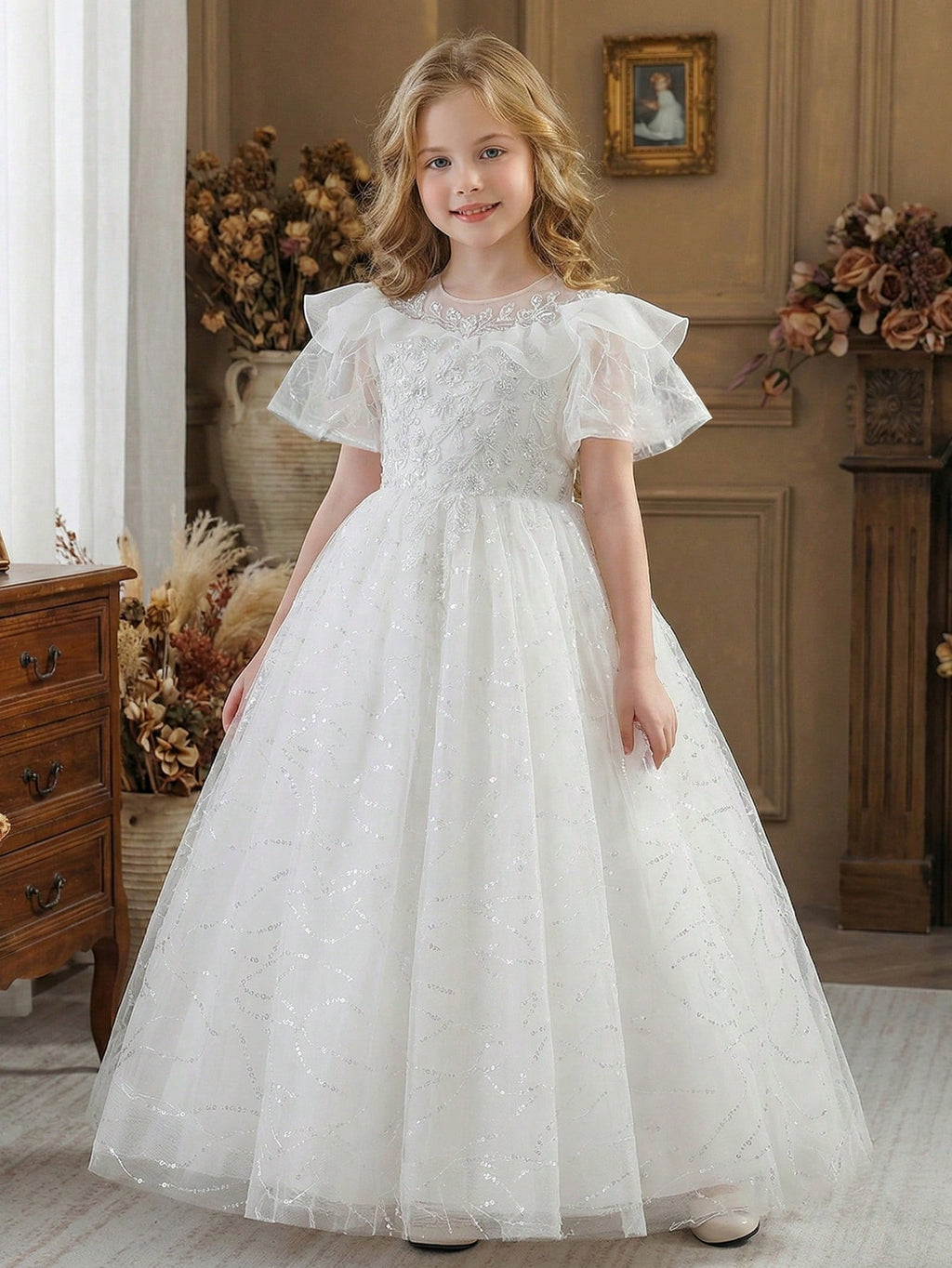 5135 Wholesale Beautiful Sparkly Western Style Long White First Holy Communion Flower Girl Dress for Girls Wedding Evening Party Wear