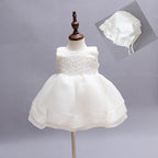 8019 Baby Girl Baptism Dress 3-24 Months White Lace Sleeveless Christening Dress with Bonnet Wedding Party Outfit