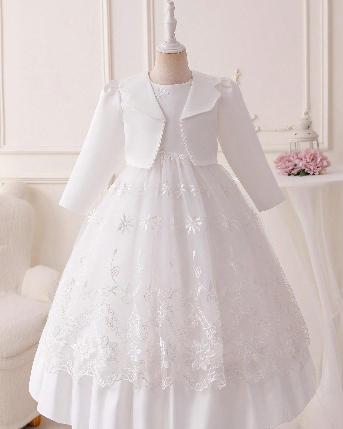 6006 Elegant White Flower Girl Dress Puffy Children's Clothing Long Sleeved Suit Wedding Dresses