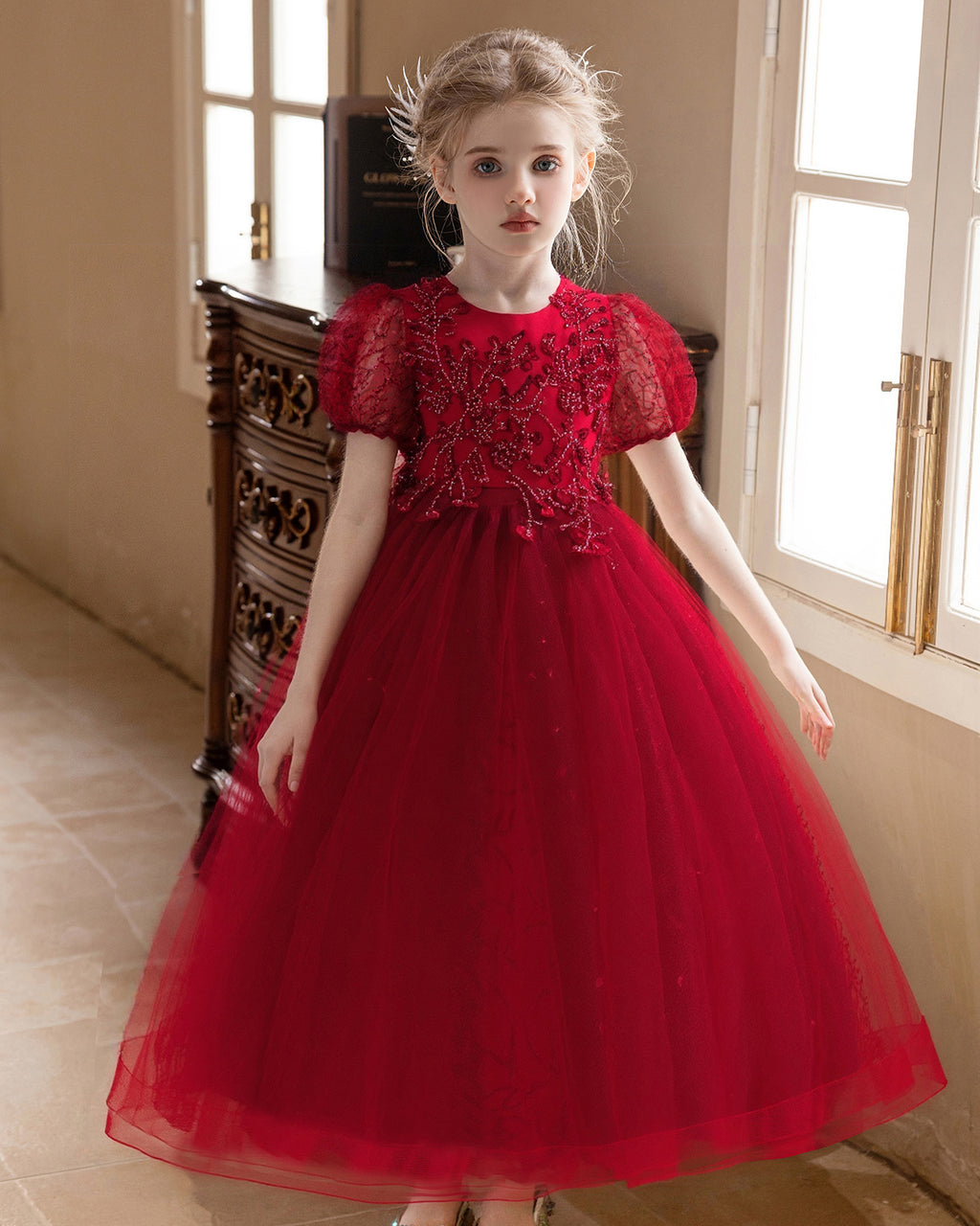 7725 Princess Wedding Dress Embroidery High Quality Bridesmaid Satin Style for Fashion Kids Clothes Wholesale