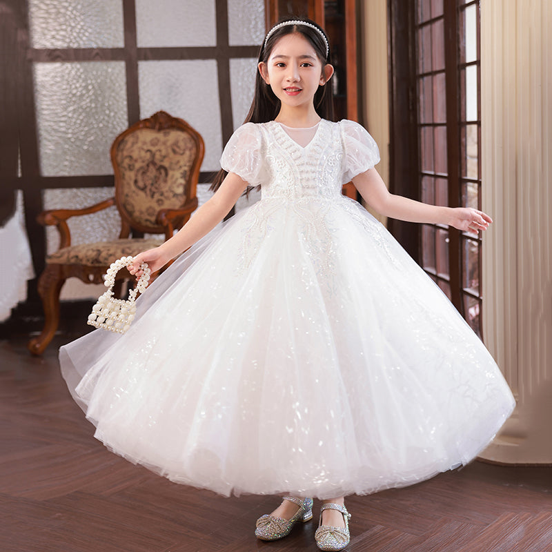 7811 Birthday Dresses for Girls Short Sleeve Frocks Design Formal Lace Flower Long Girl Dresses Wedding Kids