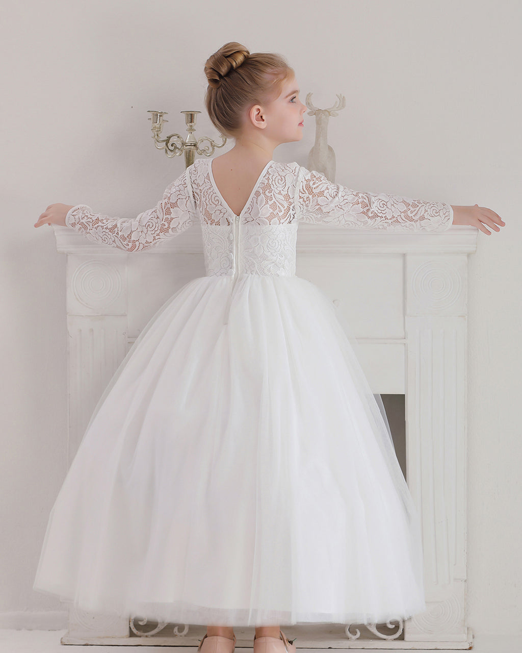 5119 Lace Flower Girl DressesTulle Long Sleeve Pageant Party Kids White Princess Evening Dresses Children Bridesmaid Dress