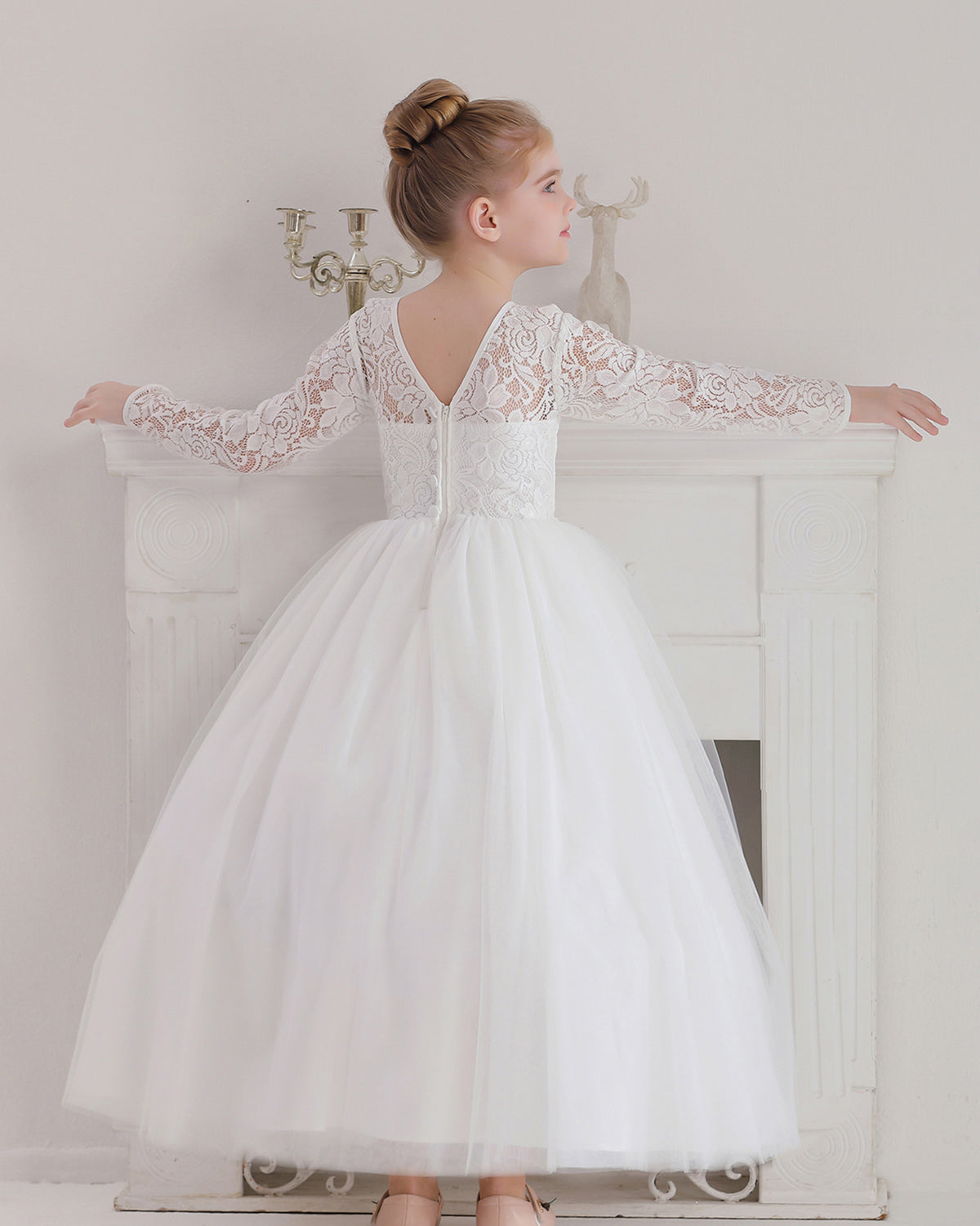 5119 Lace Flower Girl DressesTulle Long Sleeve Pageant Party Kids White Princess Evening Dresses Children Bridesmaid Dress
