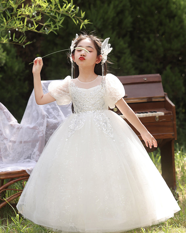 7919 Custom Design Kids Long Wedding Dress for 9-Year-Old Girls Formal Flowers First Communion Dresses for Fancy Kids Wear