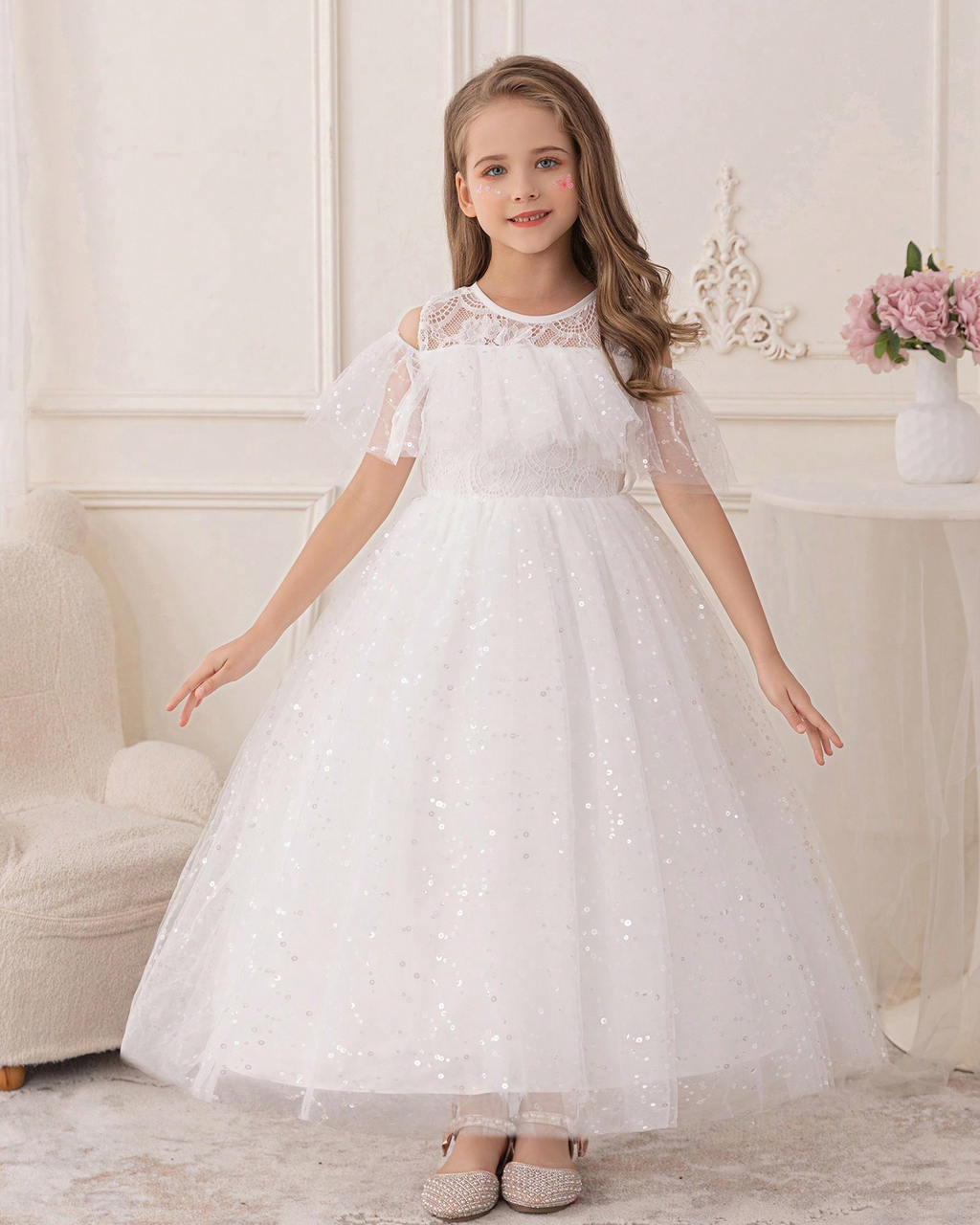 5095 Wholesale Elegant Long White Princess Communion Wedding Graduation Party Gown Dress for Young Little 6 Years Old Kids Girls