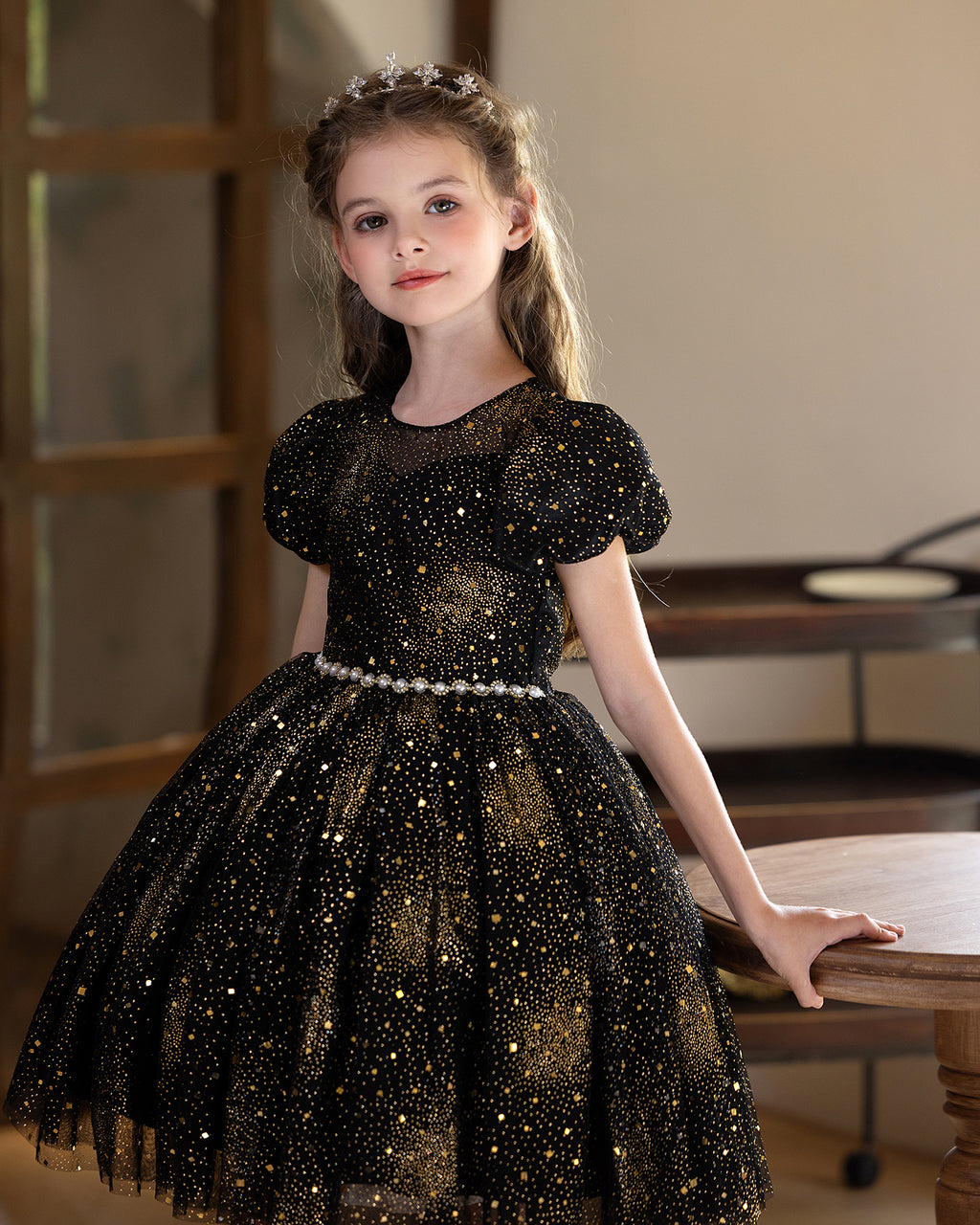 5211 Children Dress Designs Princess Sequin Lace Floral Dresses for Kids Black Party Costume Formal Prom Gown
