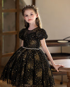 5211 Children Dress Designs Princess Sequin Lace Floral Dresses for Kids Black Party Costume Formal Prom Gown