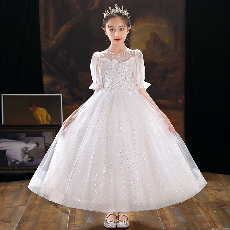 7591  MOQ:60, contact CS to order / Hot Sale Embroidery Flower Girls' Dresses Lace Party Dress White Kids Wear Wholesale Ball Frock