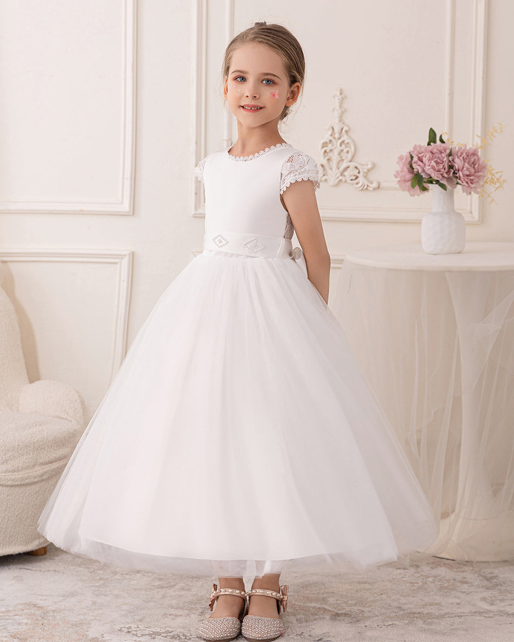 5089 White Lace Flower Girl Dress Tulle Gown for Summer Wedding