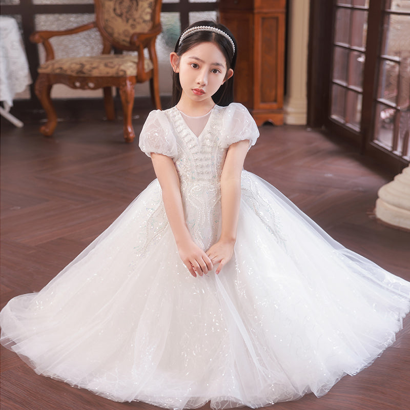 7811 Birthday Dresses for Girls Short Sleeve Frocks Design Formal Lace Flower Long Girl Dresses Wedding Kids