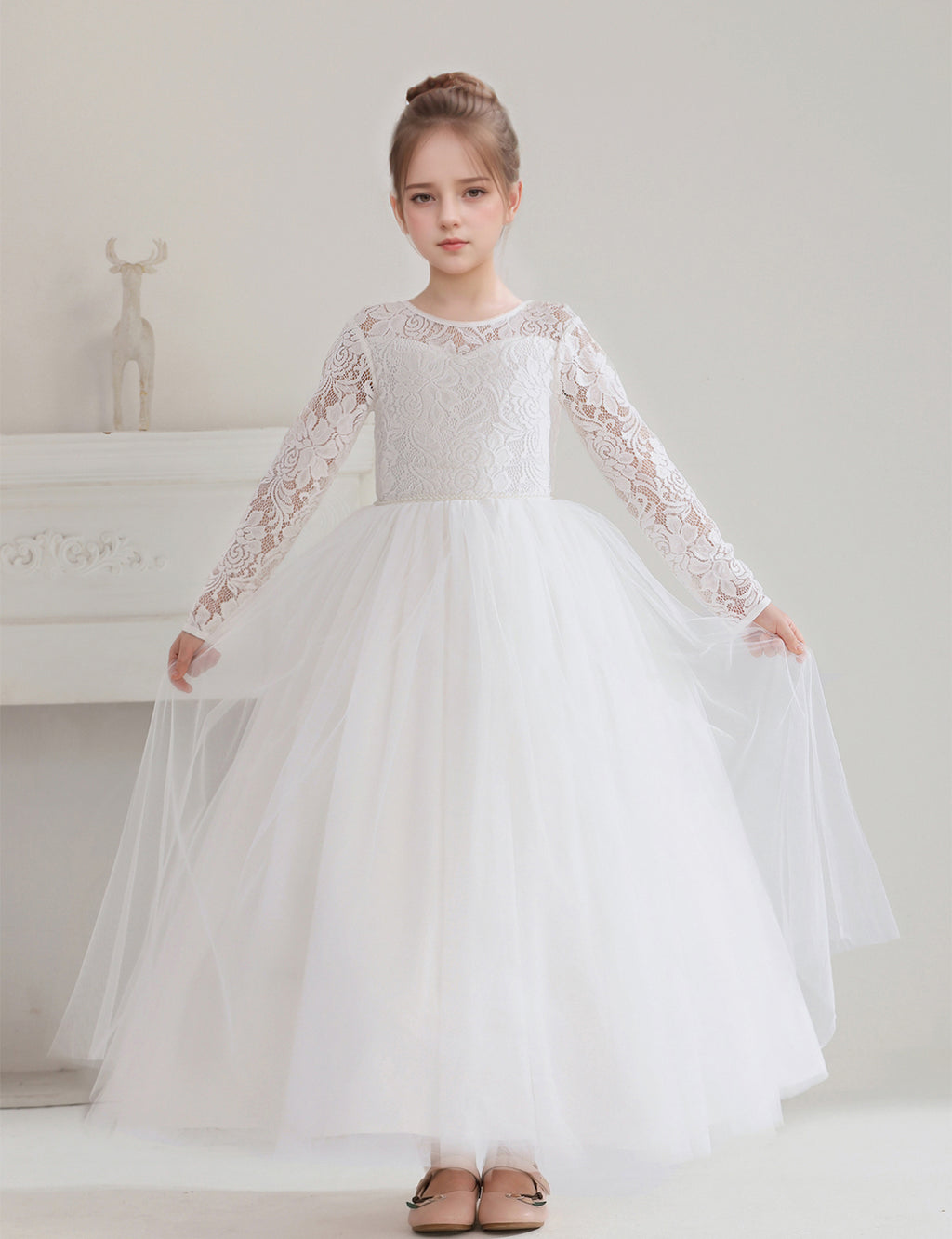 5119 Lace Flower Girl DressesTulle Long Sleeve Pageant Party Kids White Princess Evening Dresses Children Bridesmaid Dress