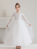 5119 Lace Flower Girl DressesTulle Long Sleeve Pageant Party Kids White Princess Evening Dresses Children Bridesmaid Dress