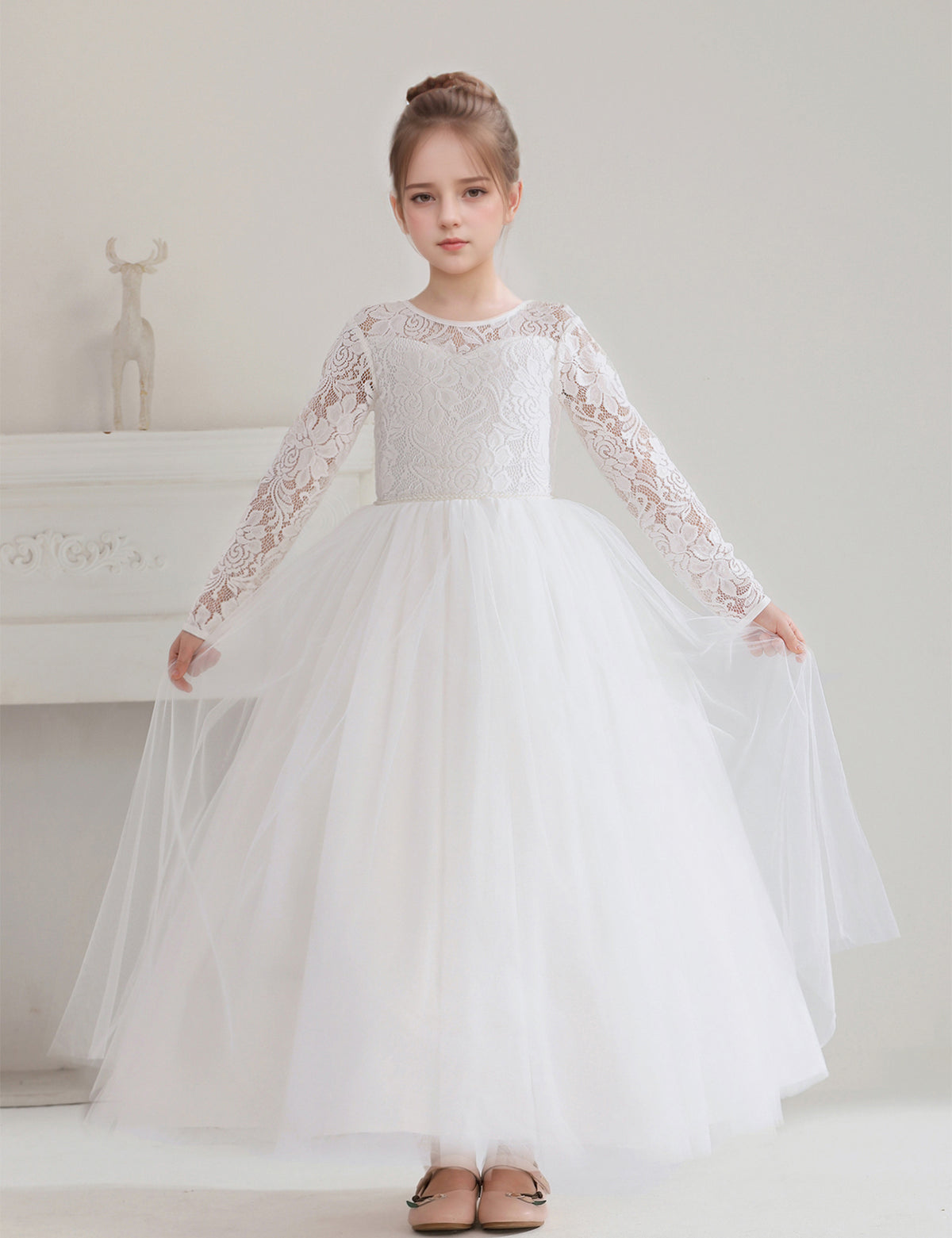 5119 Lace Flower Girl DressesTulle Long Sleeve Pageant Party Kids White Princess Evening Dresses Children Bridesmaid Dress