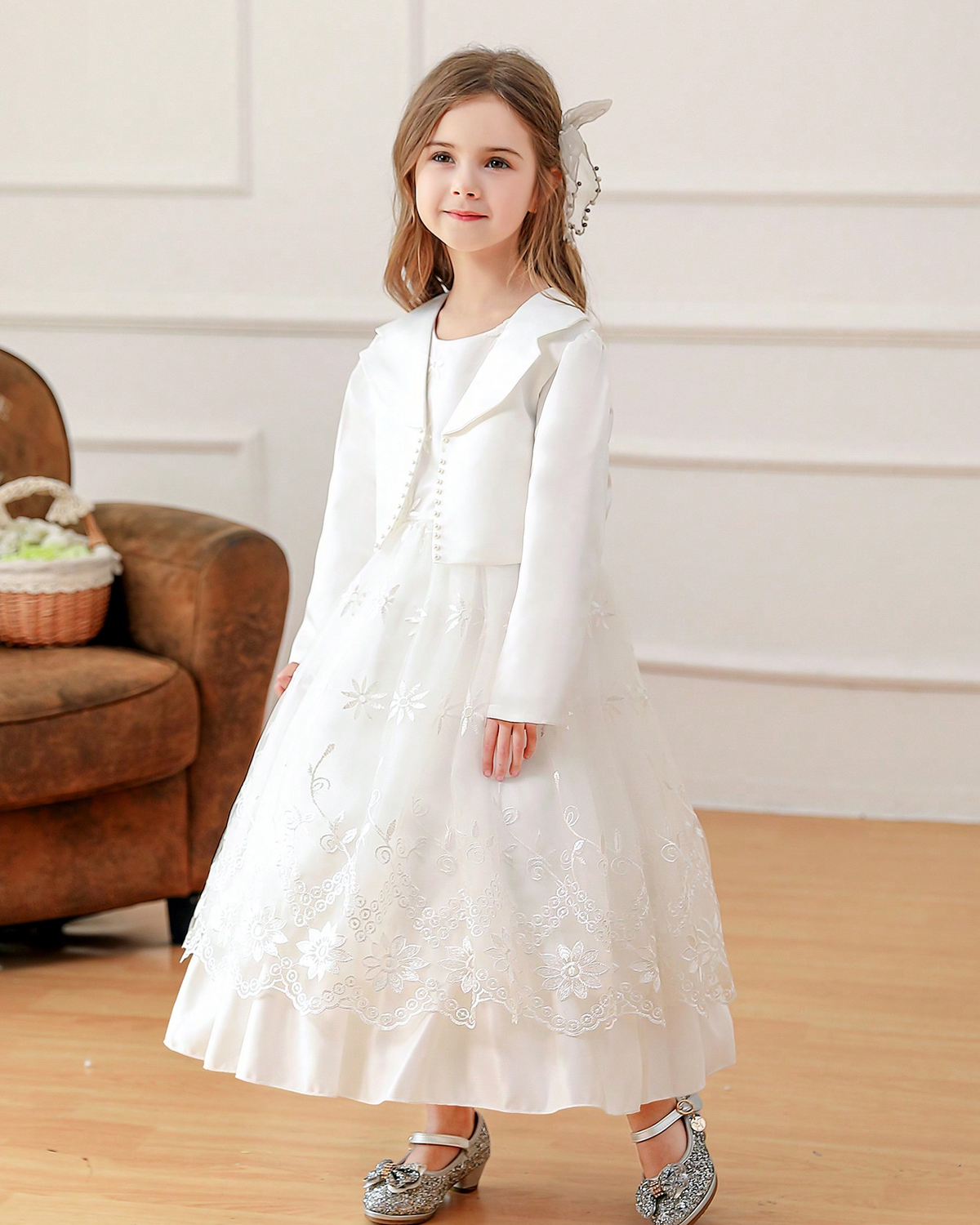 6006 Elegant White Flower Girl Dress Puffy Children's Clothing Long Sleeved Suit Wedding Dresses