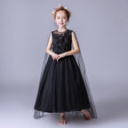 9819 Princess Flower Girl Dress Black Floor Length Ball Gown Summer Tutu Dress for Wedding Birthday Halloween Party
