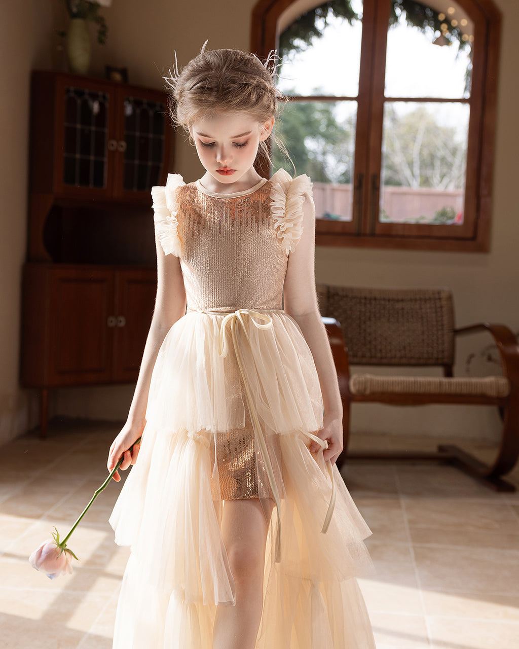 5152 Kids Clothing Girls Dresses Korean Style Princess Dress Sequin Skirt Wedding Flower Girl Dress Performance Wear for 10-11Years