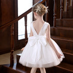 5151 Children Formal Dress Wholesale White Pearl Satin Tulle Backless Short Gown for Wedding Baptism Communion Birthday Party OEM