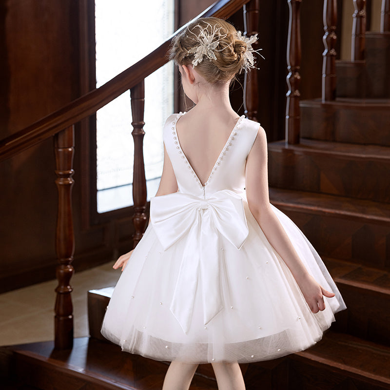 5151 Children Formal Dress Wholesale White Pearl Satin Tulle Backless Short Gown for Wedding Baptism Communion Birthday Party OEM