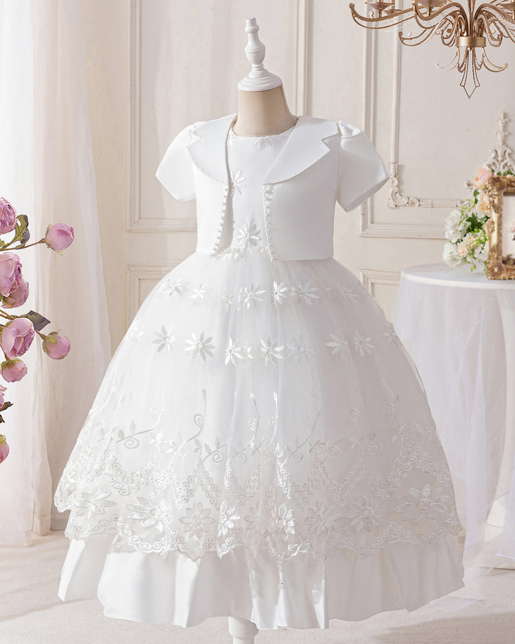6008 White Wedding Dresses Dress Set, Lace Gauze Skirt Short Sleeved Girls Summer Dress