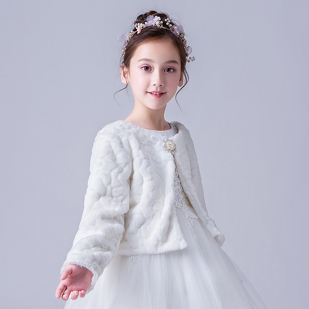 903 Girls Long Sleeve Jacket Autumn Winter Children White Bow Fur Elegant Fashion Baby Girls Formal Soft Party Coat Kids Cape