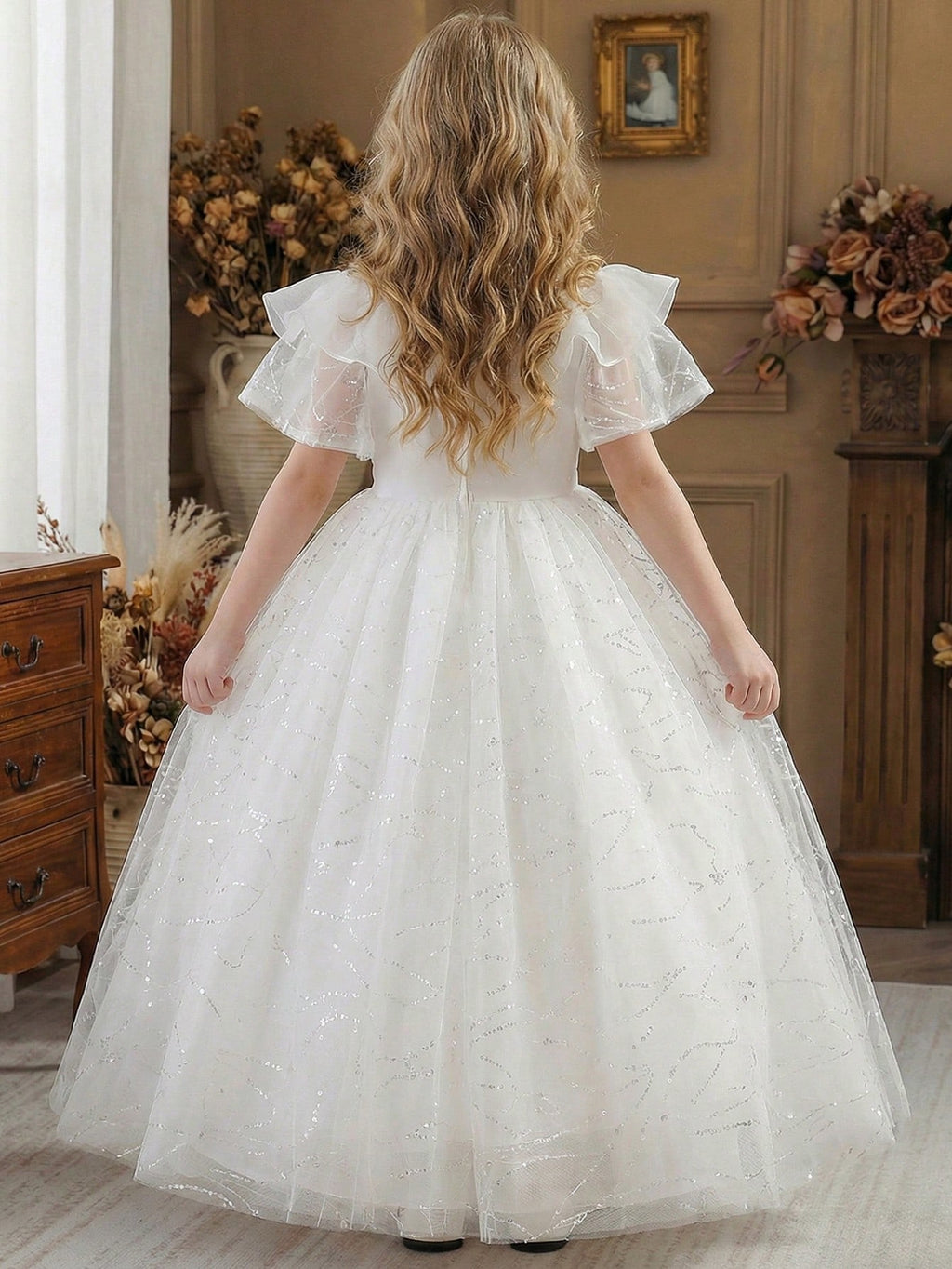 5135 Wholesale Beautiful Sparkly Western Style Long White First Holy Communion Flower Girl Dress for Girls Wedding Evening Party Wear