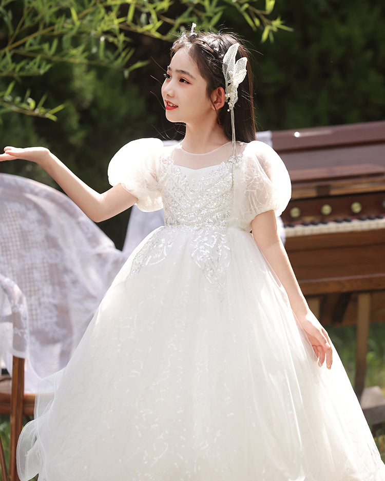 7919 Custom Design Kids Long Wedding Dress for 9-Year-Old Girls Formal Flowers First Communion Dresses for Fancy Kids Wear