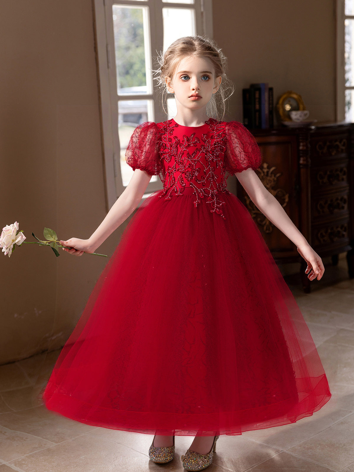 7725 Princess Wedding Dress Embroidery High Quality Bridesmaid Satin Style for Fashion Kids Clothes Wholesale