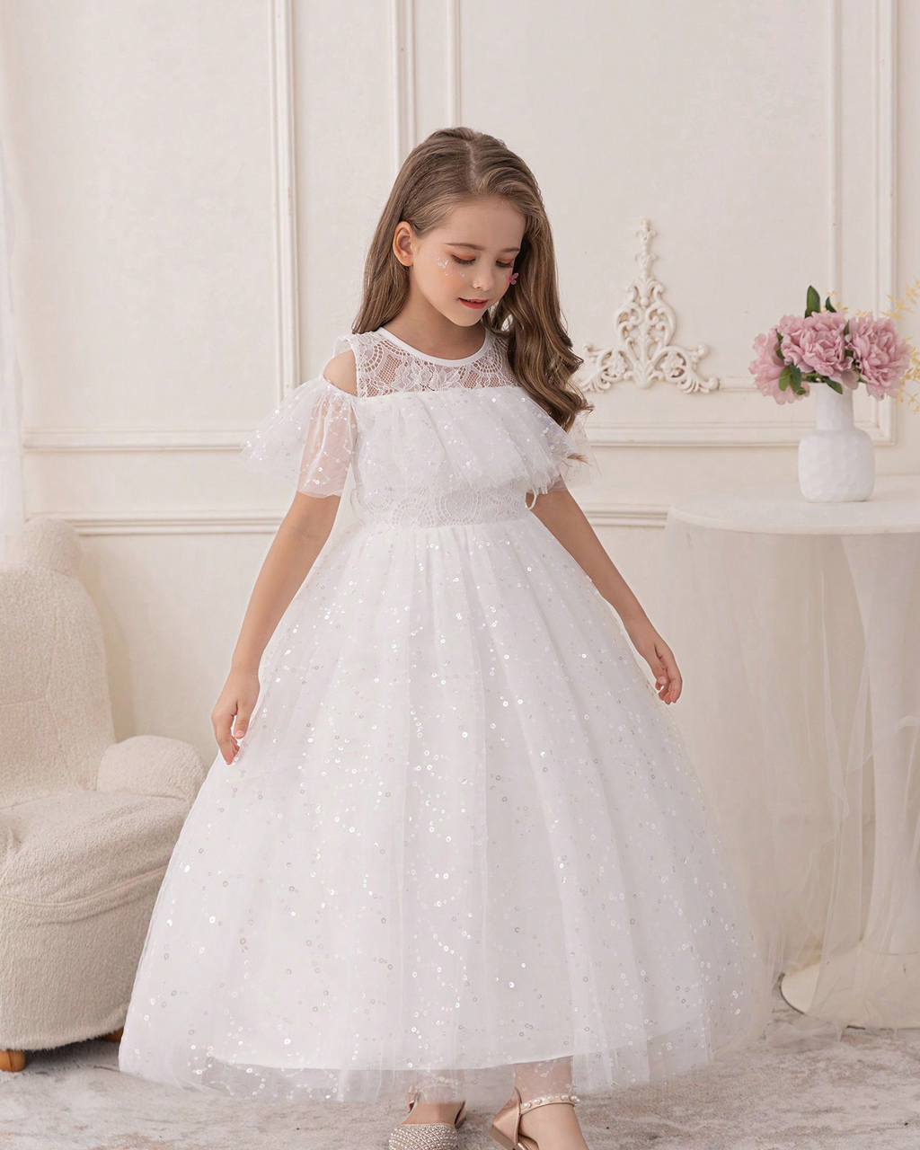 5095 Wholesale Elegant Long White Princess Communion Wedding Graduation Party Gown Dress for Young Little 6 Years Old Kids Girls