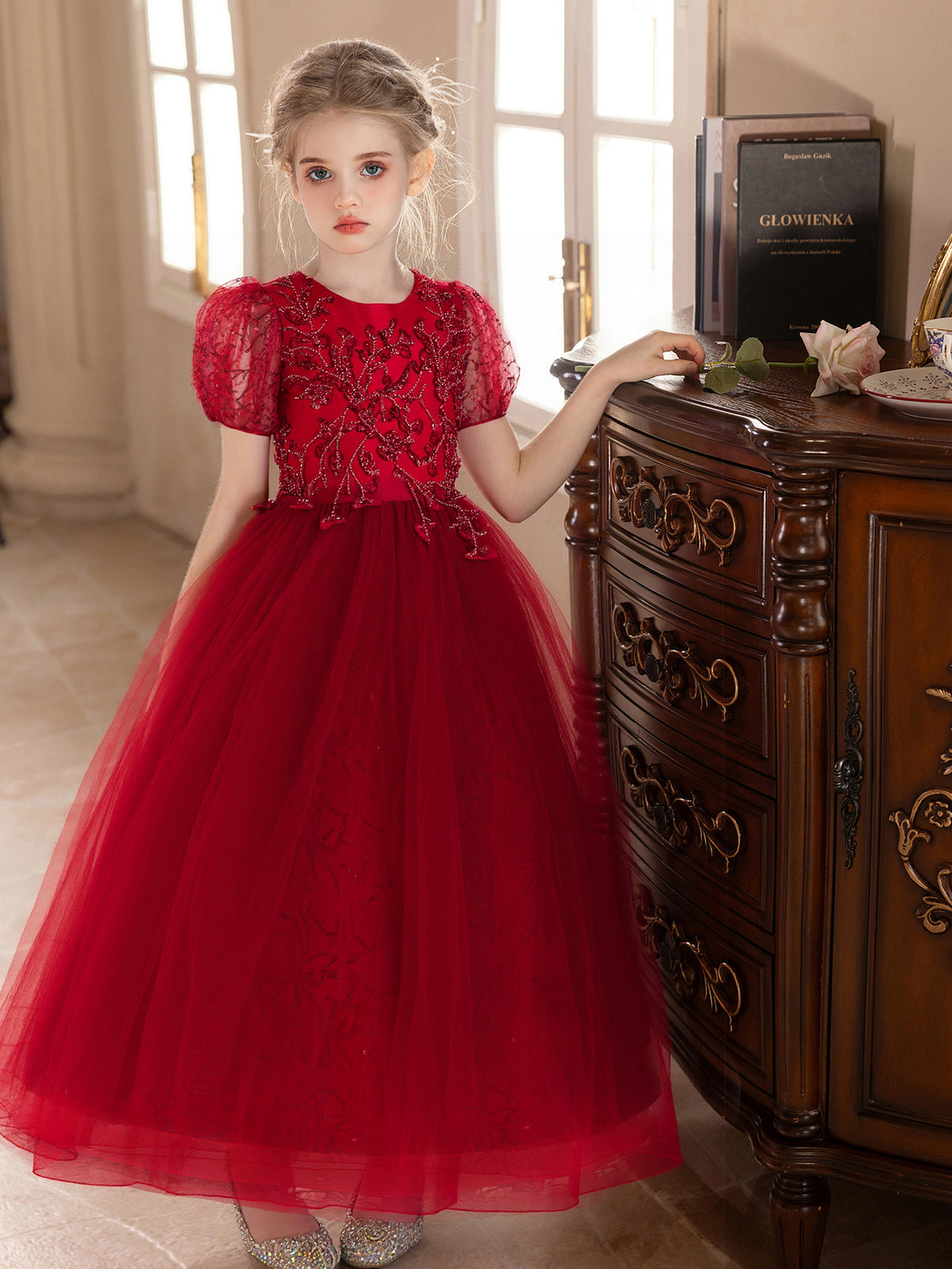 7725 Princess Wedding Dress Embroidery High Quality Bridesmaid Satin Style for Fashion Kids Clothes Wholesale