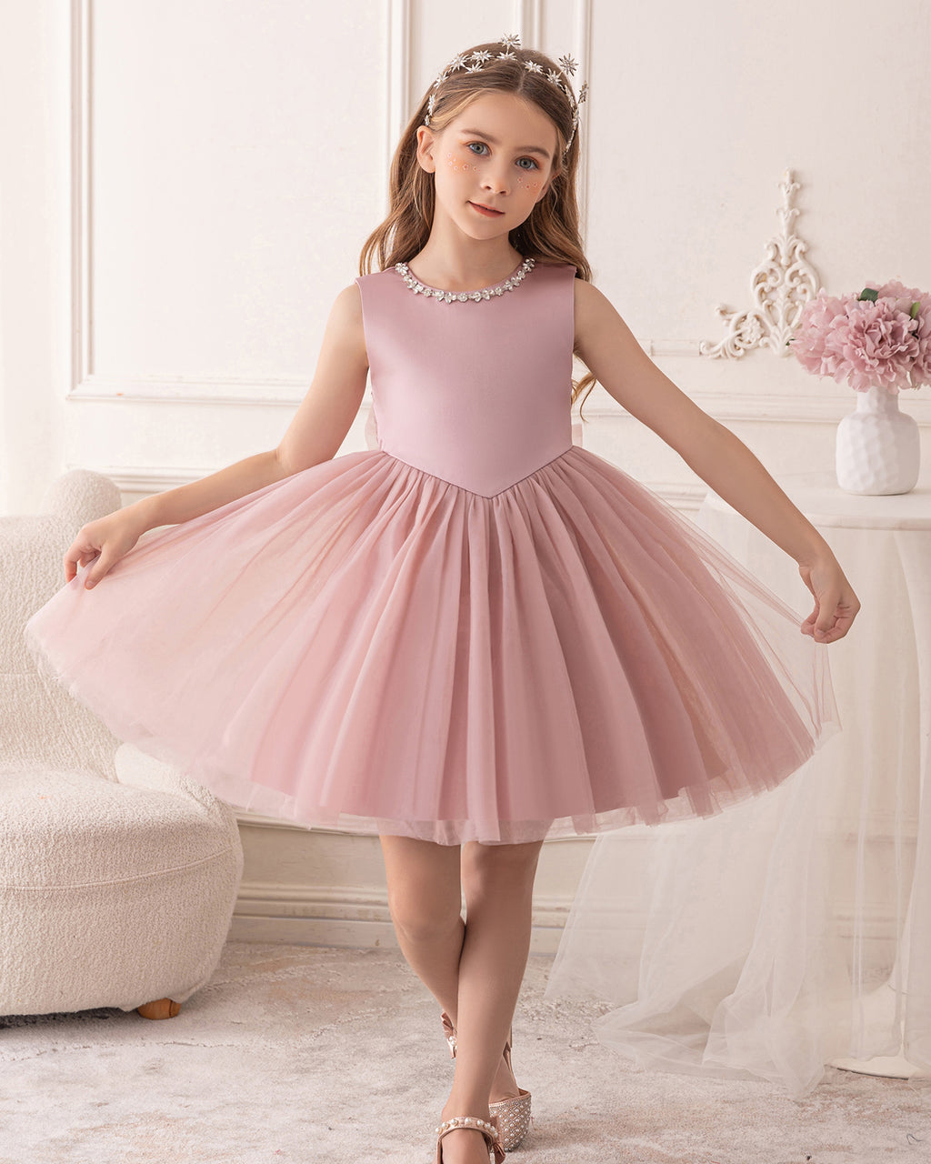 5192 Summer Dresses Princess High Quality Bow Pearl Sleeveless Girls Dress Wholesale