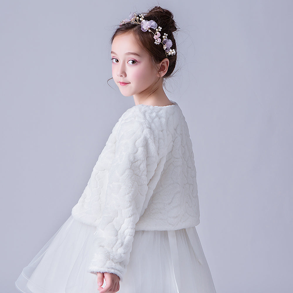 903 Girls Long Sleeve Jacket Autumn Winter Children White Bow Fur Elegant Fashion Baby Girls Formal Soft Party Coat Kids Cape