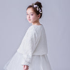 903 Girls Long Sleeve Jacket Autumn Winter Children White Bow Fur Elegant Fashion Baby Girls Formal Soft Party Coat Kids Cape