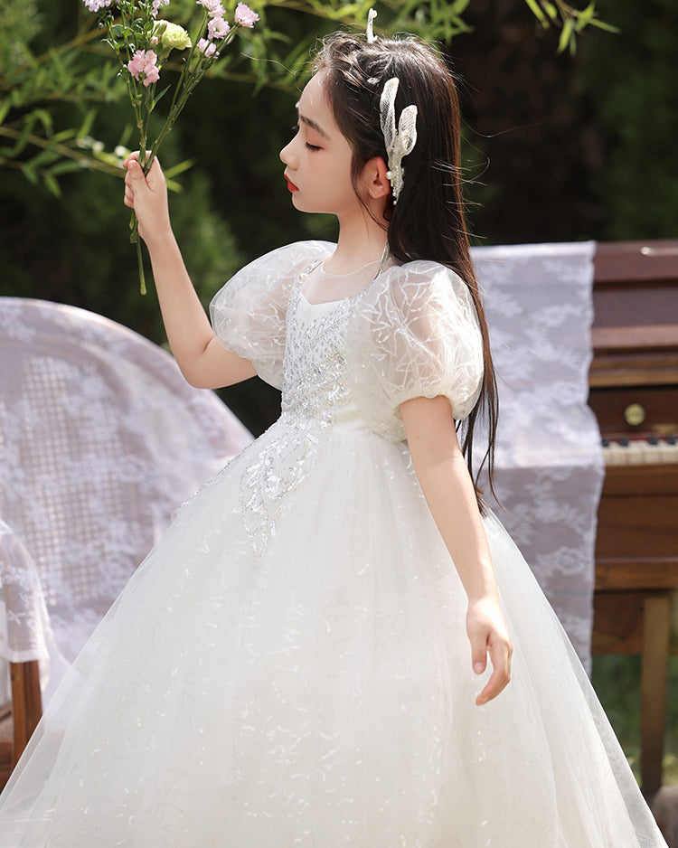 7919 Custom Design Kids Long Wedding Dress for 9-Year-Old Girls Formal Flowers First Communion Dresses for Fancy Kids Wear