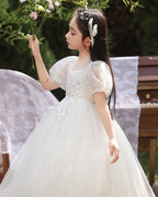 7919 Custom Design Kids Long Wedding Dress for 9-Year-Old Girls Formal Flowers First Communion Dresses for Fancy Kids Wear