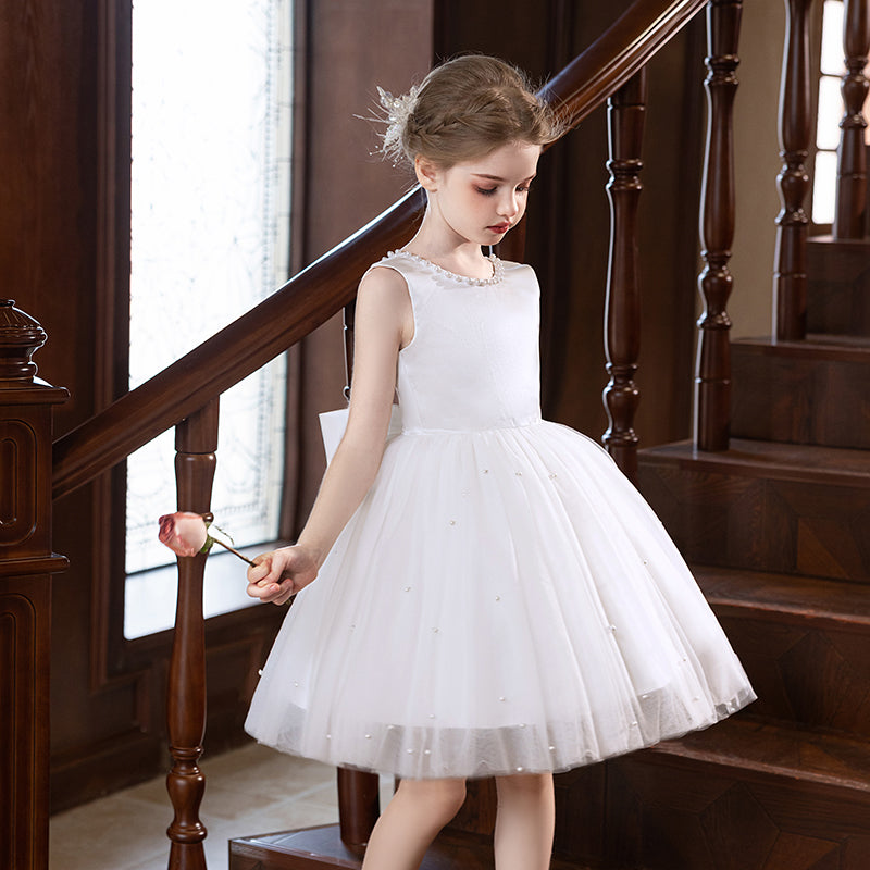 5151 Children Formal Dress Wholesale White Pearl Satin Tulle Backless Short Gown for Wedding Baptism Communion Birthday Party OEM