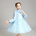 7213 Light Blue Snowflake Tulle Elsa Princess Dress Long Sleeve Kids Birthday Party Costume for Girls 5 to 11 Years Old