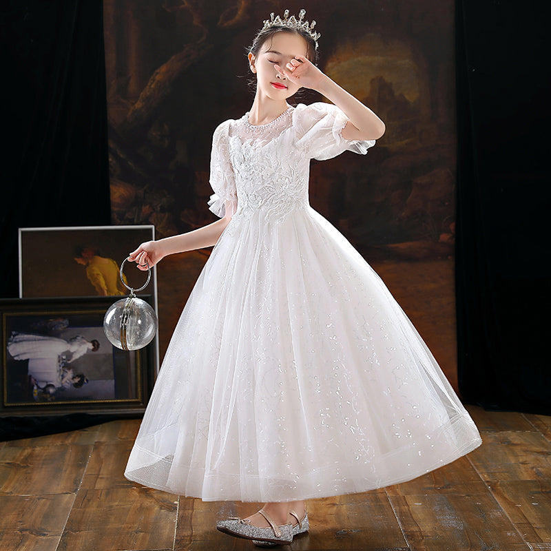7591  MOQ:60, contact CS to order / Hot Sale Embroidery Flower Girls' Dresses Lace Party Dress White Kids Wear Wholesale Ball Frock