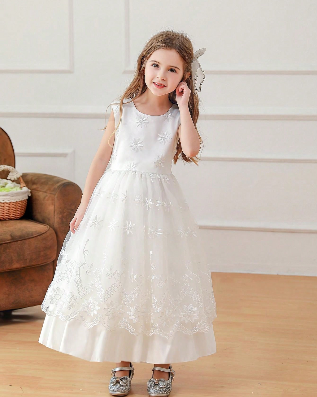 6006 Elegant White Flower Girl Dress Puffy Children's Clothing Long Sleeved Suit Wedding Dresses