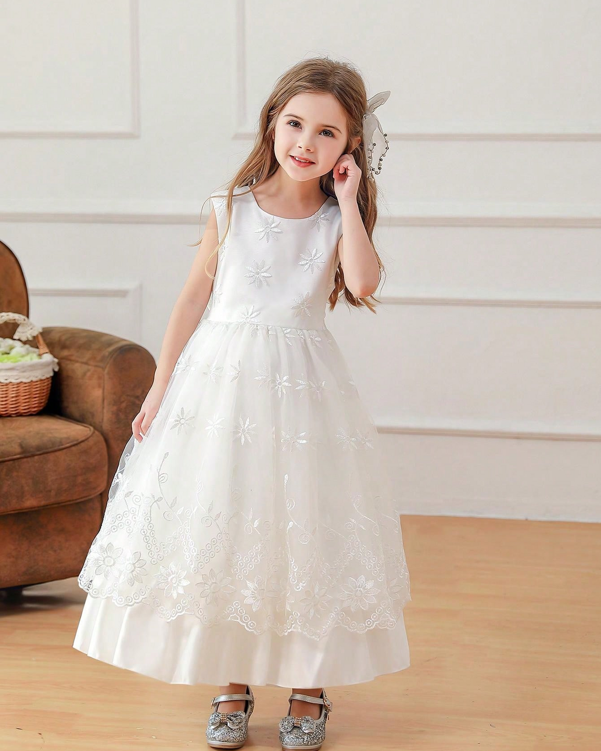 6006 Elegant White Flower Girl Dress Puffy Children's Clothing Long Sleeved Suit Wedding Dresses