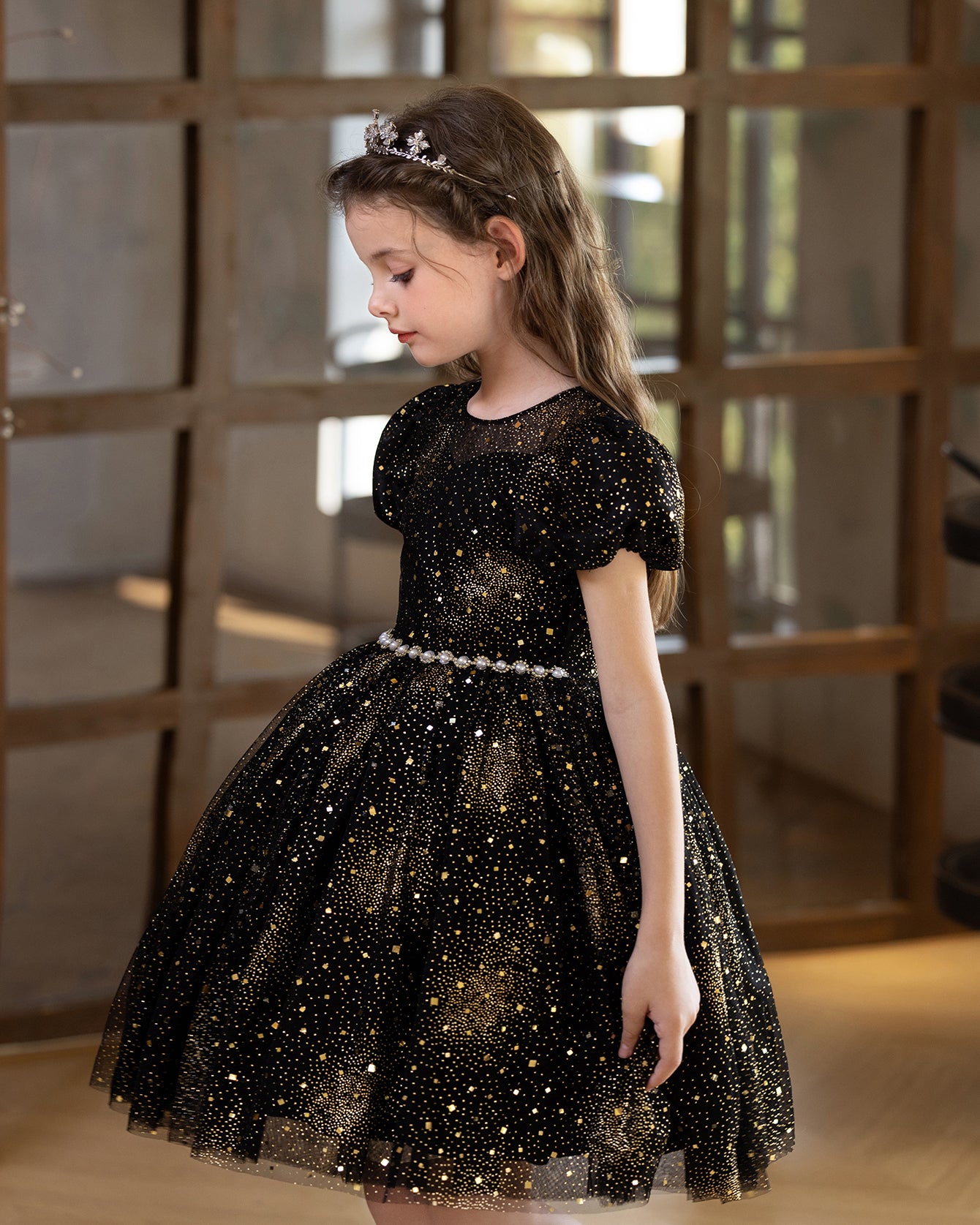 5211 Children Dress Designs Princess Sequin Lace Floral Dresses for Kids Black Party Costume Formal Prom Gown