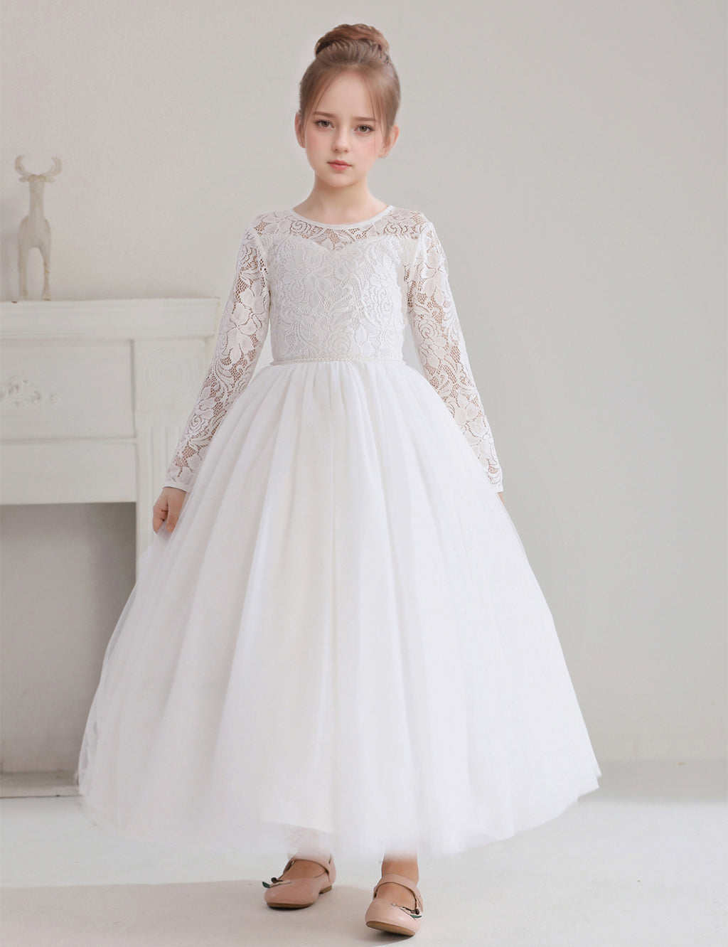 5119 Lace Flower Girl DressesTulle Long Sleeve Pageant Party Kids White Princess Evening Dresses Children Bridesmaid Dress